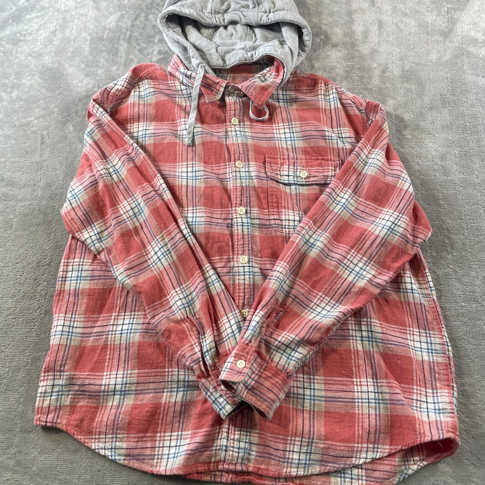 American Eagle Super Soft Flannel Shirt Mens XL Red Plaid Removable Hood School